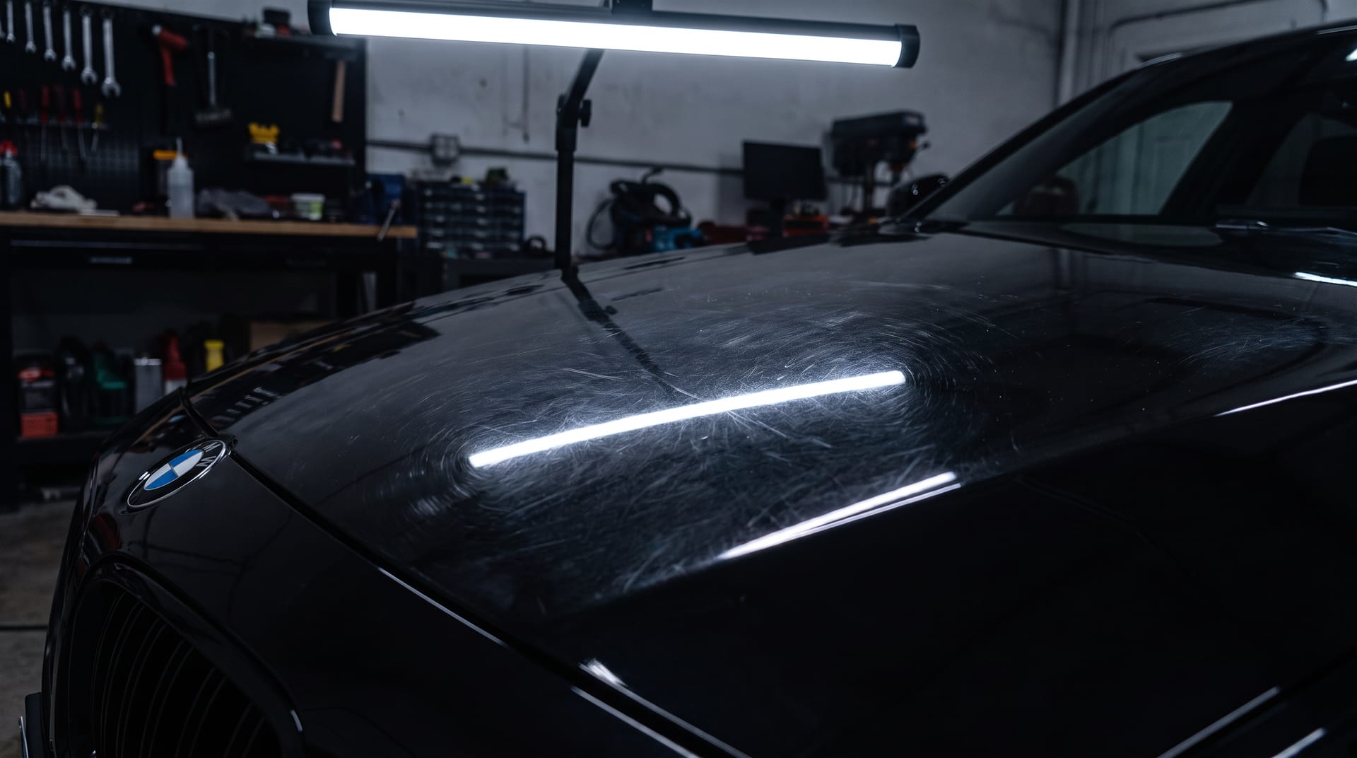 Zwarte motorkap van een BMW 3-serie met swirls en hologrammen rond de lichtreflectie