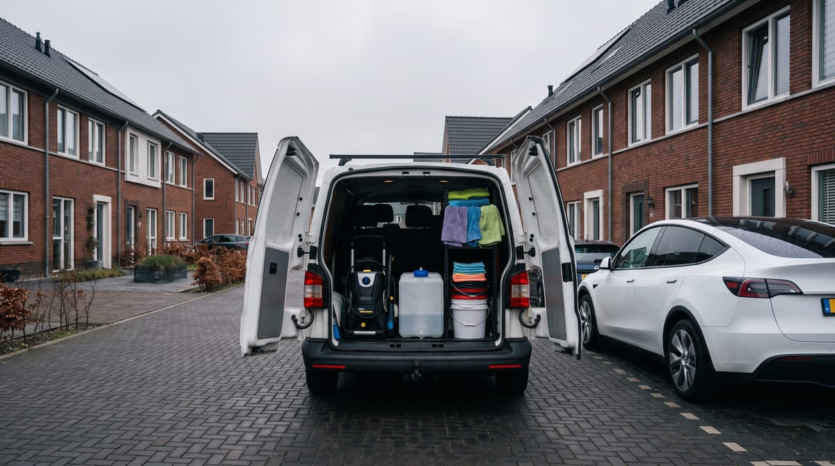 Witte bestelbus met detailing-spullen naast een Tesla Model Y op een oprit in een nieuwbouwwijk