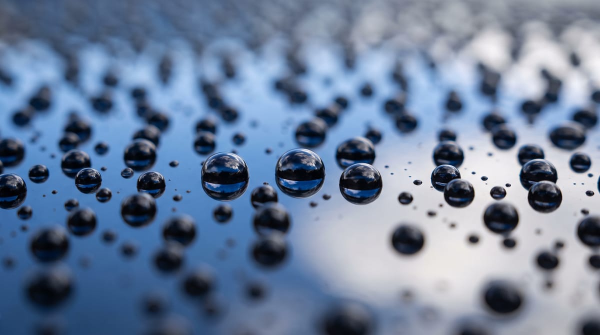 Macro van waterdruppels op een zwarte motorkap na keramische coating