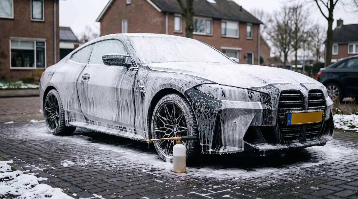 Zwarte BMW M4 bedekt met snow foam tijdens de voorwas op een oprit