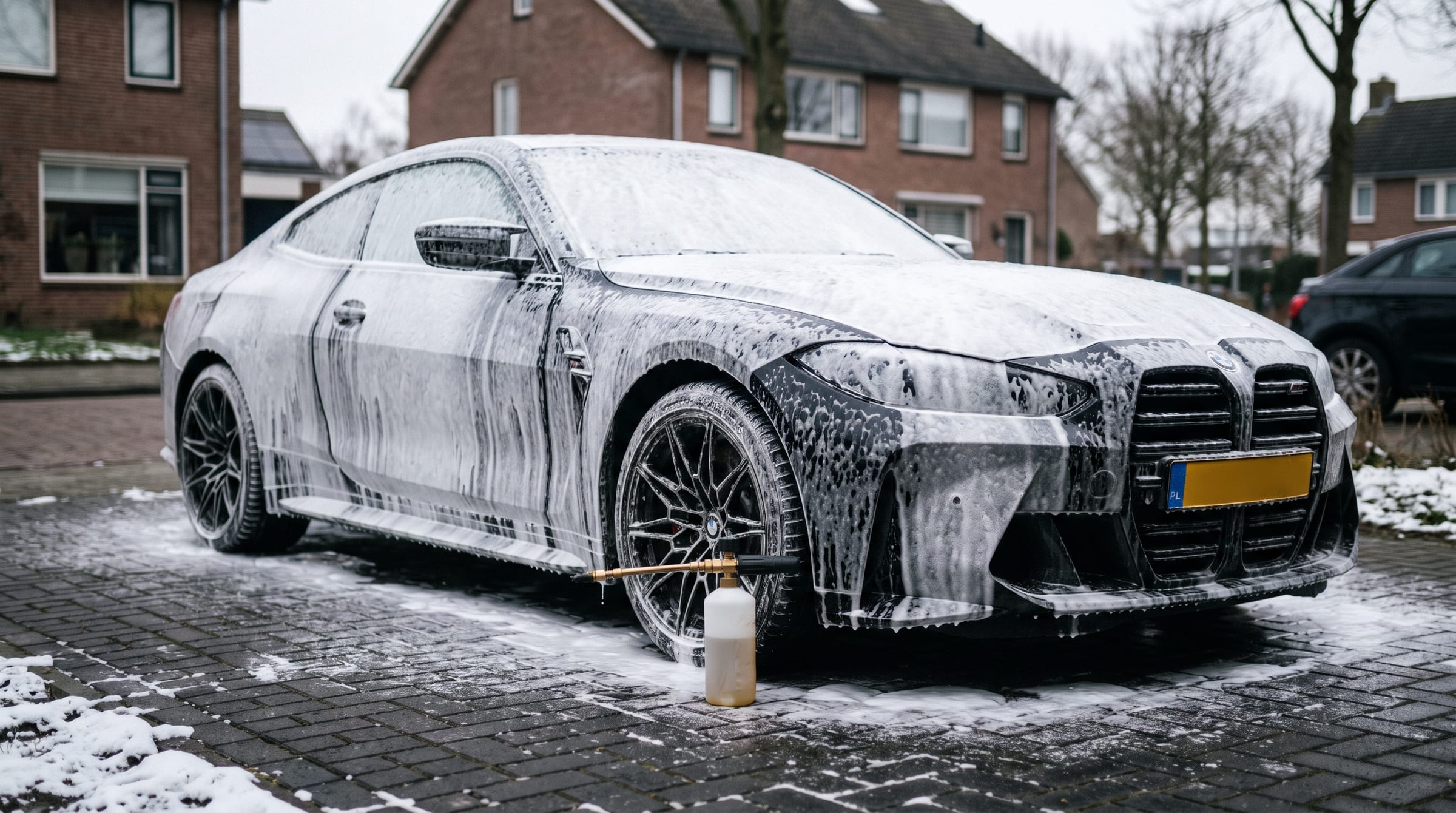 Zwarte BMW M4 bedekt met snow foam tijdens een handwas op een oprit in Nunspeet