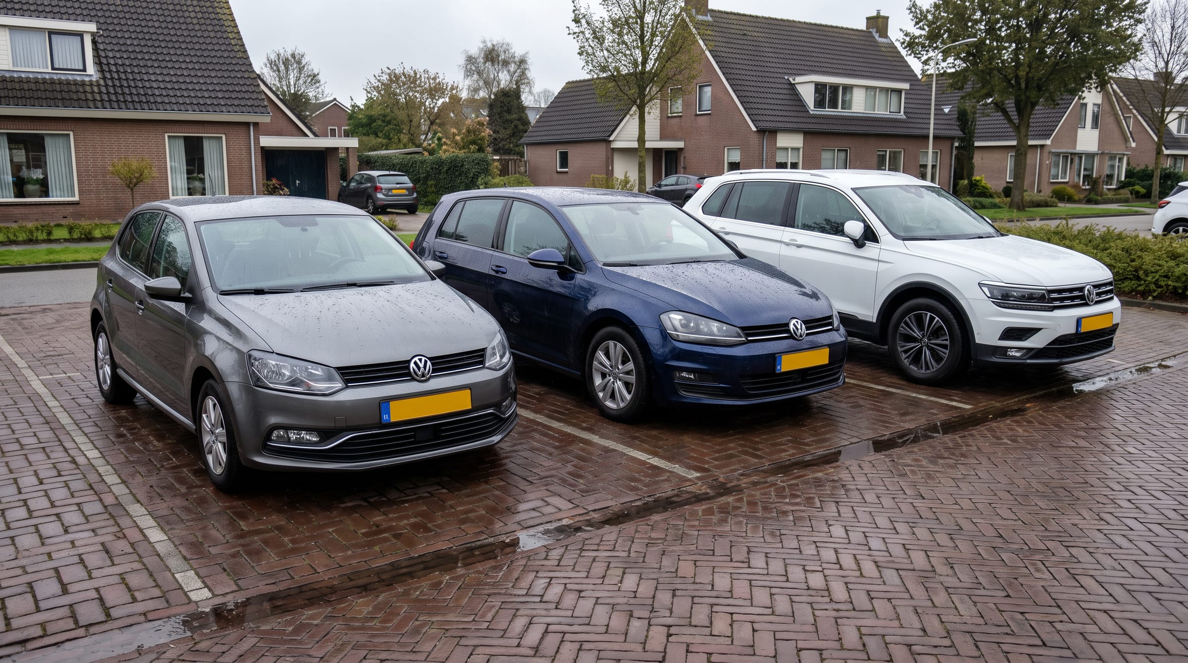 Drie schone auto's van verschillende grootte naast elkaar op een oprit, Polo, Golf en Tiguan