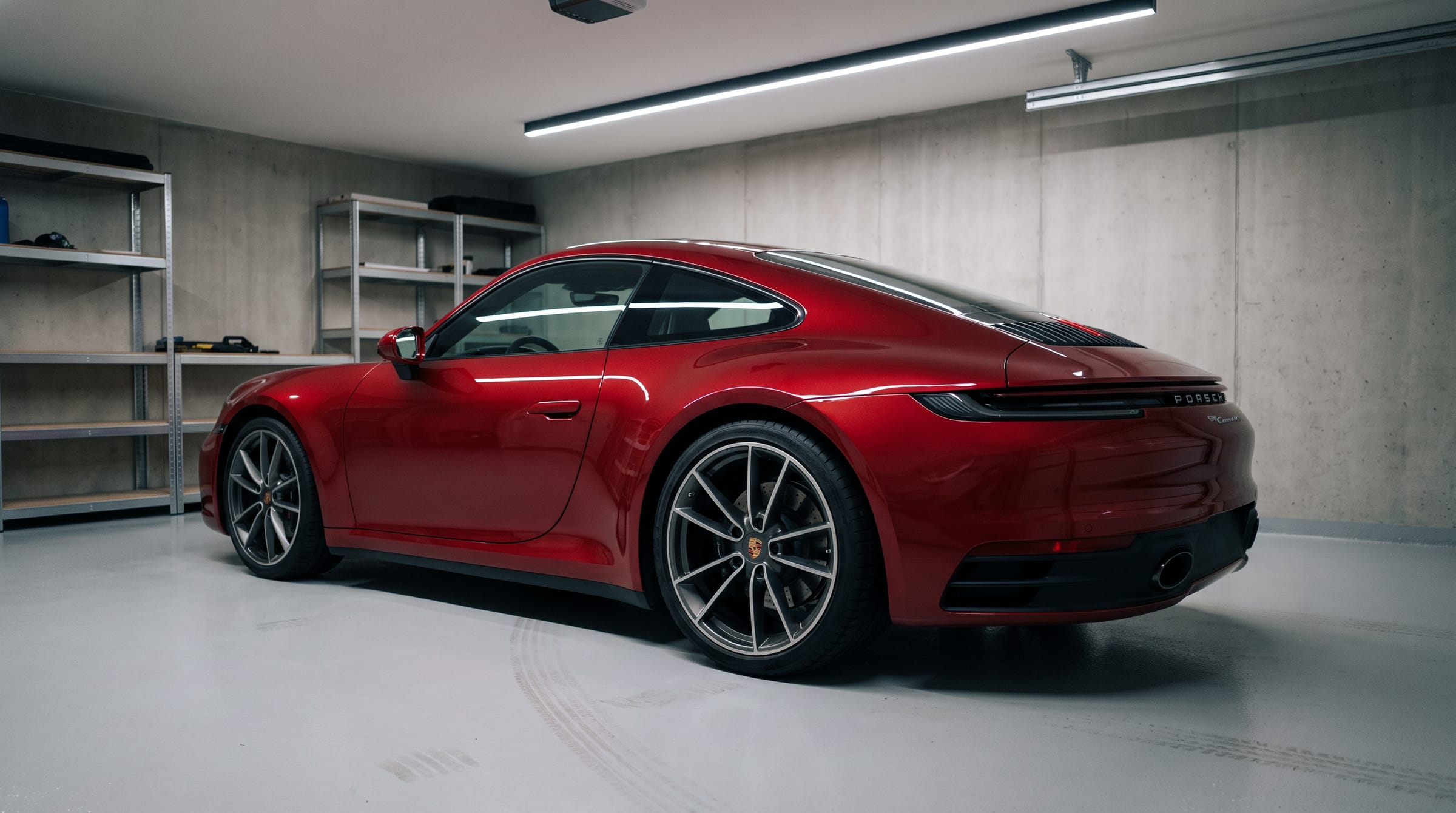 Rode Porsche 911 Carrera driekwart-achter in een schone garagebox met ledverlichting