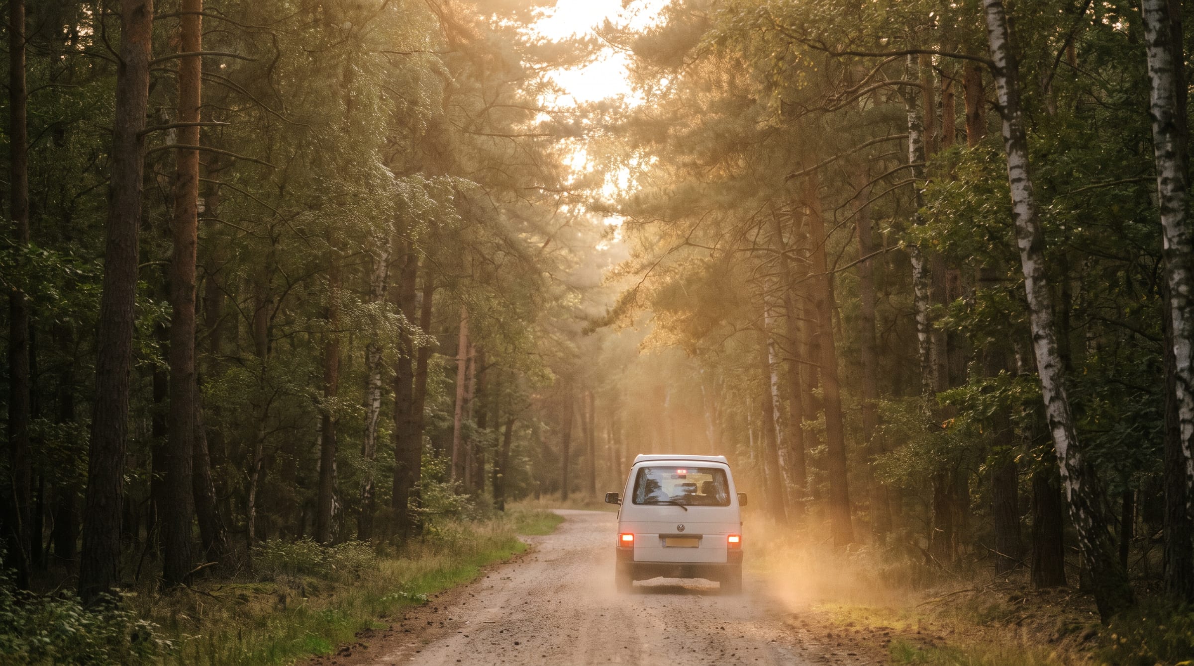 Landweg door het bos op de Veluwe met een witte bestelbus van een detailer in avondlicht