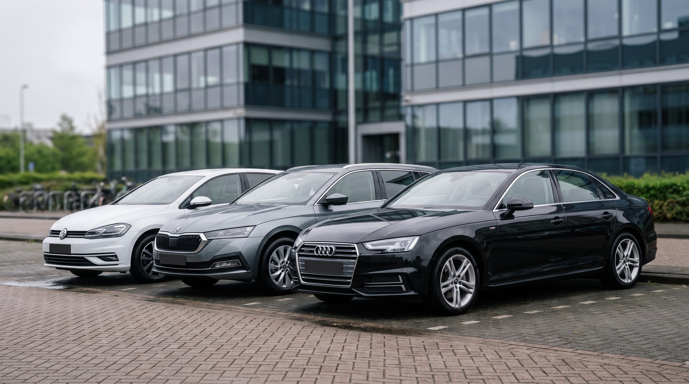 Drie lease-auto's, een VW Golf, Skoda Octavia en Audi A4, showroom-klaar op een bedrijfsparkeerplaats met nat gepolijste lak