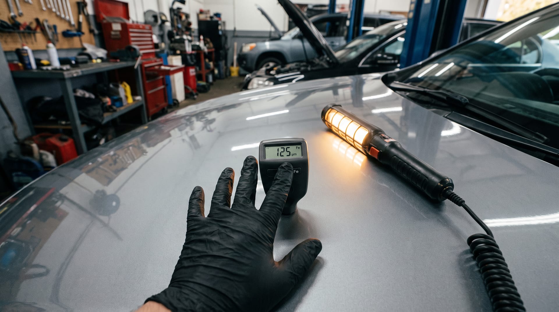 Laagdiktemeter op een zilvergrijze motorkap met inspectielamp