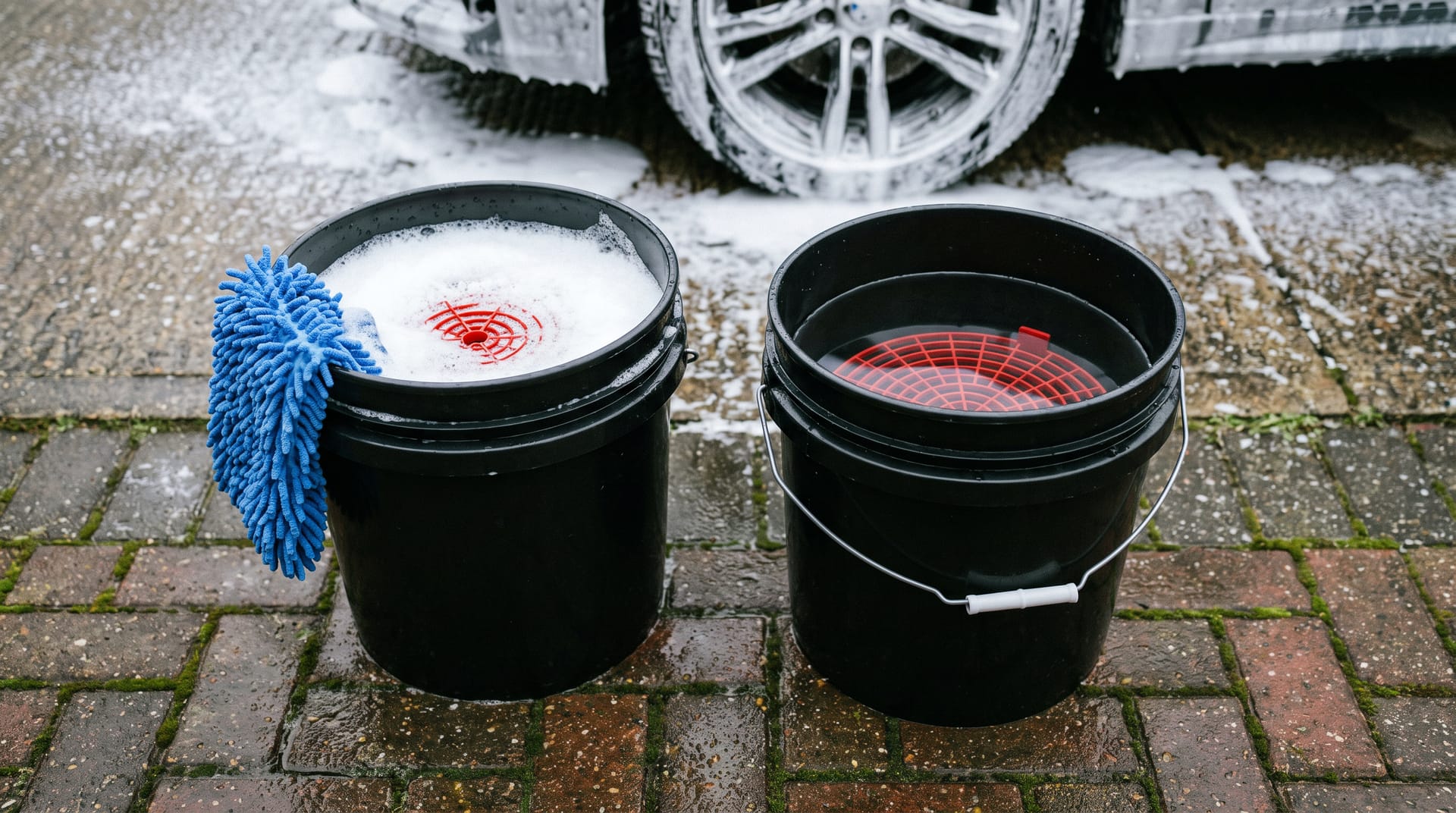 Twee emmers met grit guards en washandschoen, snow foam op een auto erachter