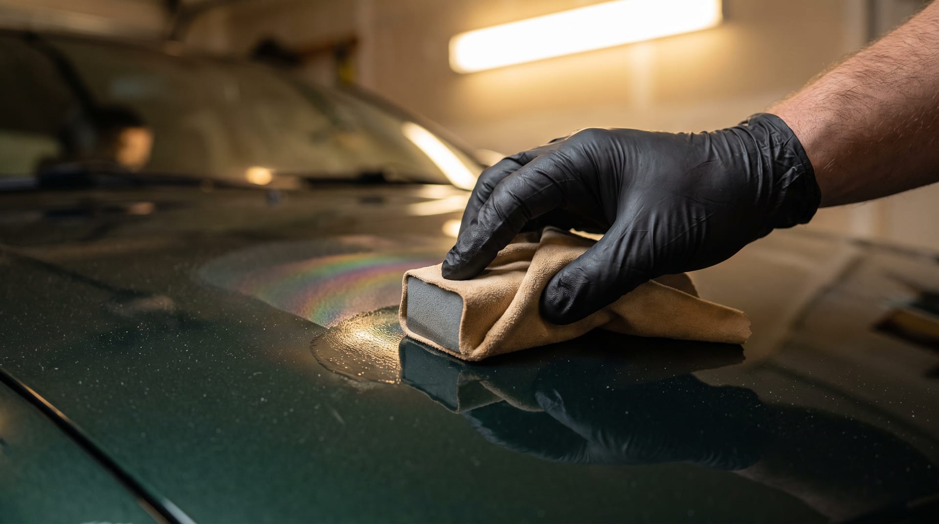 Applicator met coating-doek op donkergroene lak
